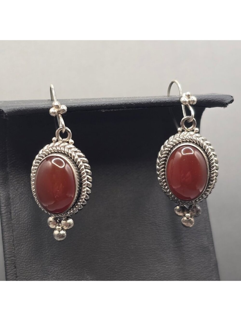 Sterling Silver Carnelian Drop Dangle Earrings 1.5" Rope Accent Bali Boho
